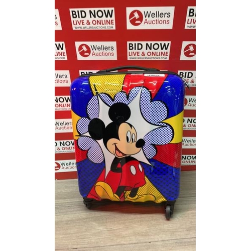 518 - AMERICAN TOURISTER DISNEY CARRY ON HARDSIDE SPINNER CASE / SIGNS OF USE / COMBINATION UNLOCKED / WHE... 