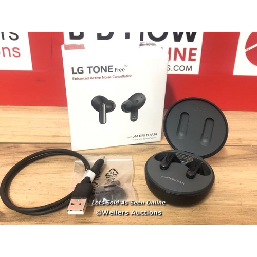 8474 - LG UFP5 WIRELESS EARBUDS / POWERS UP AND CONNECTS TO BLUETOOTH, APPEARS FUNCTIONAL WITH CHARGING CAB... 