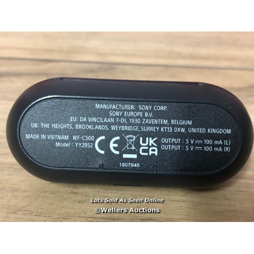 8512 - SONY WF-C500 EARBUDS / POWERS UP, DOES NOT CONNECT TO BLUETOOTH, SIGNS OF USE, WITHOUT CHARGING CABL... 