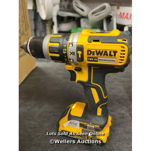 4052 - DEWALT 18V XR LI-ION BRUSHLESS COMPACT HAMMER DRILL DRIVER & AH BATTERY / POWERS UP / SIGNS OF USE /... 