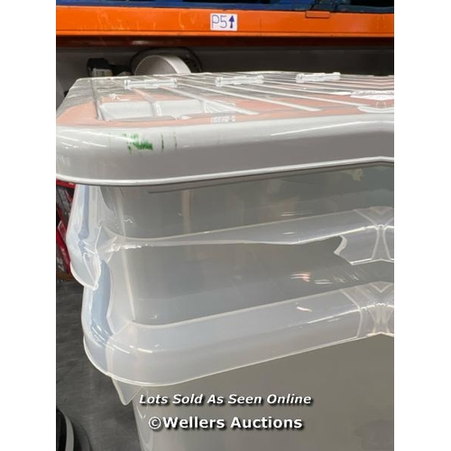 4057 - WHAM 80 LITRE CLEAR/COOL GREY BOX WITH WHEELS & FOLDING LID SET / MINIMAL SIGNS OF USE / ONE CRACKED... 