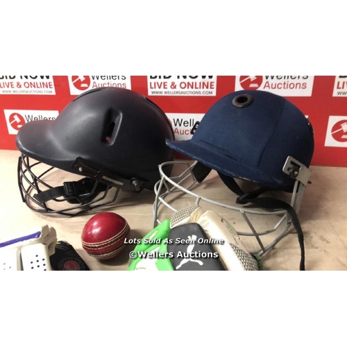 5049 - CRICKET ACCESSORIES INC. X2 HELMETS, GLOVES AND A BALL/ PRE-OWNED / NO VAT ON THE HAMMER PRICE / B10