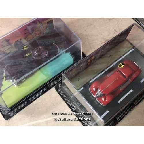 5931 - 9X COLLECTABLE BATMOBILE MODELS, ONE JAMES BOND CAR AND A SEALED ATLAS ASTON MARTIN DB5 DIE CAST CAR... 