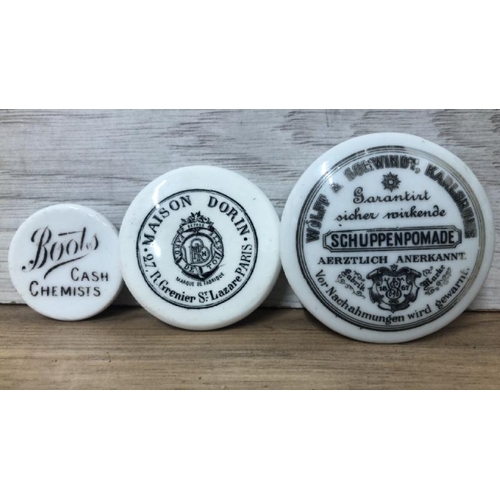 21 - Collection of mainly victorian pot lids including Harrod's areca nut toothpaste, Fortnum & Mason cav... 