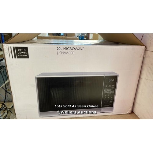 7061 - JOHN LEWIS JLSMWO08 MICROWAVE, STAINLESS STEEL / POWERS UP / APPEARS NEW OPEN BOX / POWER CABLE IS S... 