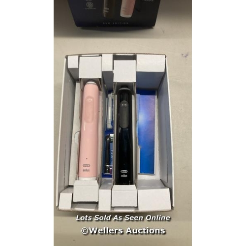 7208 - ORAL-B SERIES 3 3900 ELECTRIC TOOTHBRUSH SET, BLACK/PINK / POWERS UP / MINIMAL SIGNS OF USE / H18