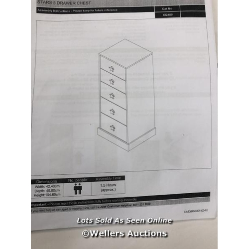 43 - JD WILLIAMS STARS 5 DRAWER CHEST, FLAT PACKED WITHOUT THE BOX, BACK PANEL NEEDS REPLACING SOME PARTS... 