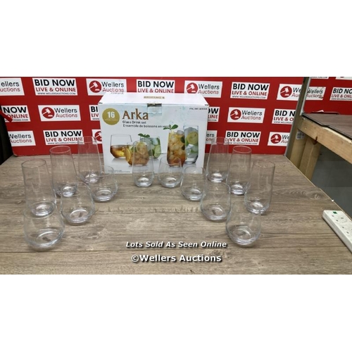 79 - KING CRYSTAL ARKA GLASSWARE SET, 16 PIECE / TWO MISSING, ONE LARGE, ONE SMALL / APPEARS NEW OPEN BOX... 