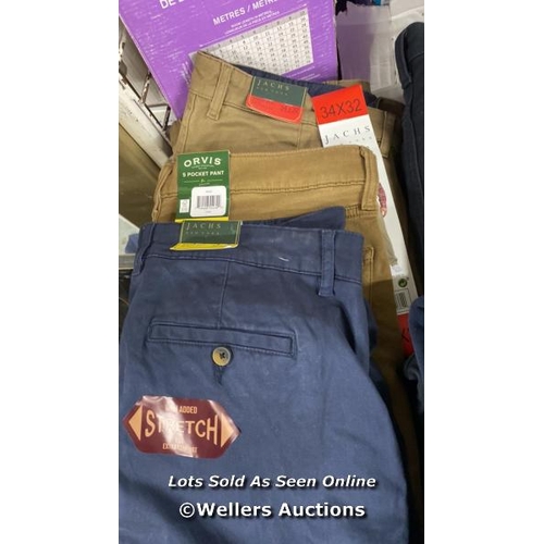 413 - 10X PAIRS OF GENTS NEW TROUSERS AND JOGGERS INCL. JACK WILL, WEATHERPROOF AND ORVIS / MIXED SIZES