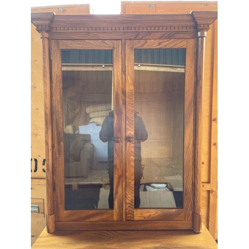 17 - LARGE OAK DISPLAY CABINET, TWO DRAWERS WITH TWO CUPBOARD DOORS BELOW, INCL. TWELVE BOTTLE WINE RACK,... 