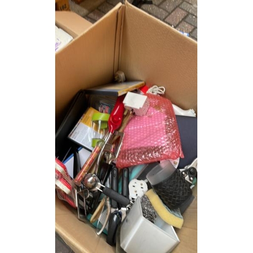 24 - BOX OF ASSORTED STATIONARY INCL. DIARIES, BOOKS, TALK TALK BROADBAND UNIT, KITCHEN UTENSILS AND MORE... 