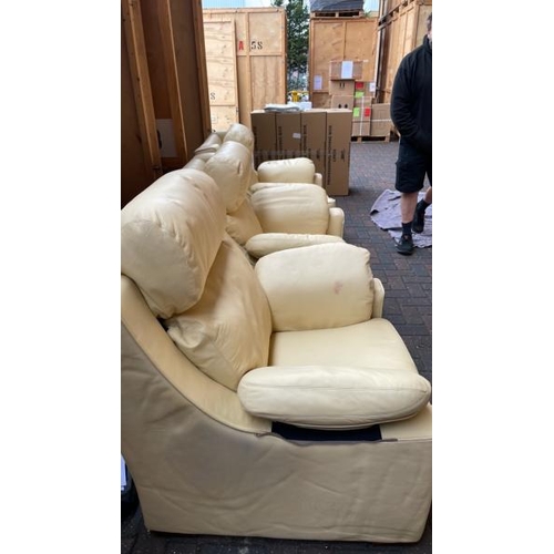 3 - HUGE YELLOW LEATHER LOUNGE SUITE, INCLUDING TWO 3X SEATER SOFAS AND 3X SINGLE ARM CHAIRS, 1X SOFA 22... 