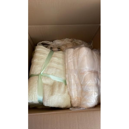 36 - BOX OF ASSORTED TOWELS AND CUSHIONS, CONTAINER NO: 10030 / LOT LOCATION: WEYBRIDGE (KT13)