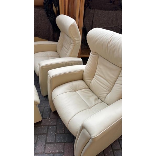 5 - PAIR OF CREAM LEATHER SINGLE RECLINING CINEMA CHAIRS WITH TWO OTTOMANS, 110CM (H) X 89CM (W) X 67CM ... 