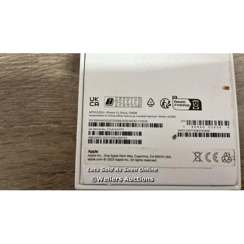 8204 - APPLE IPHONE 15 / BLACK / 128GB / A3090 / MTP03ZD/A / SERIAL NO. C7L6HVH77Y / NEW, OPEN BOX / CUSTOM... 