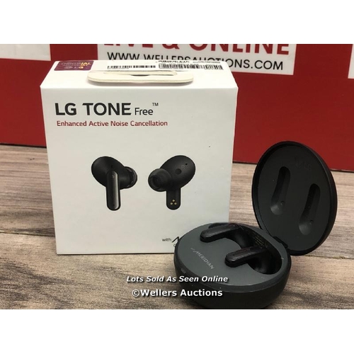 8225 - LG UFP5 WIRELESS EARBUDS / POWERS UP & CONNECTS TO BLUETOOTH WITH SOUND, SIGNS OF USE, WITHOUT CHARG... 