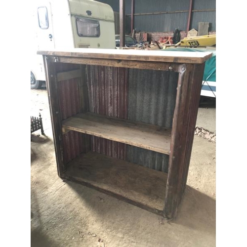 16 - RUSTIC BAR UNIT, WITH CORROGATED SURROUND, OAK TOP AND SINGLE INTERNAL SHELF, 126CM (H) X 132CM (W) ... 