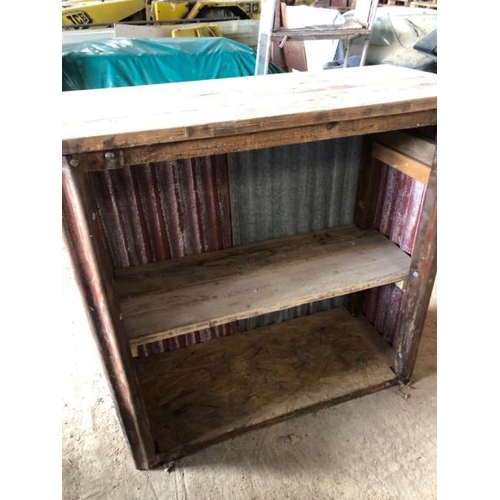 16 - RUSTIC BAR UNIT, WITH CORROGATED SURROUND, OAK TOP AND SINGLE INTERNAL SHELF, 126CM (H) X 132CM (W) ... 