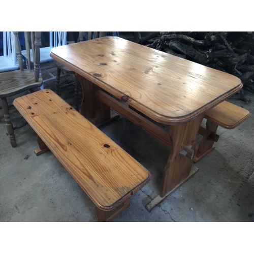 66 - WOODEN DINING TABLE SET, TABLE DIMENSIONS 74CM (H) X 112CM (W) X 58CM (D), SEATS 44CM (H) X 113CM (W... 