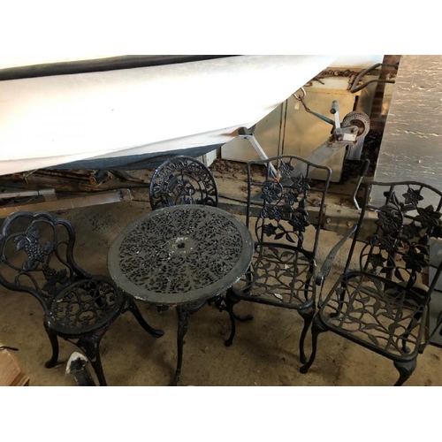 80 - VINTAGE METAL GARDEN TABLE AND 4X CHAIRS, 2X MATCHING AND 2X NON-MATCHING, TABLE DIMENSIONS 70CM (H)... 