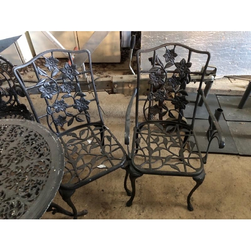 80 - VINTAGE METAL GARDEN TABLE AND 4X CHAIRS, 2X MATCHING AND 2X NON-MATCHING, TABLE DIMENSIONS 70CM (H)... 