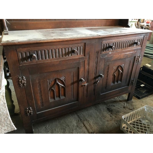 87 - WOODEN DINING ROOM CUPBOARD, WITH CARVED PANELS, 2X DRAWERS WITH 2X CUPBOARDS BELOW, SMALL UPPER STO... 