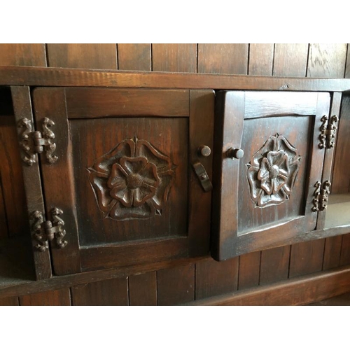 87 - WOODEN DINING ROOM CUPBOARD, WITH CARVED PANELS, 2X DRAWERS WITH 2X CUPBOARDS BELOW, SMALL UPPER STO... 