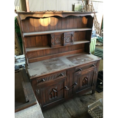 87 - WOODEN DINING ROOM CUPBOARD, WITH CARVED PANELS, 2X DRAWERS WITH 2X CUPBOARDS BELOW, SMALL UPPER STO... 