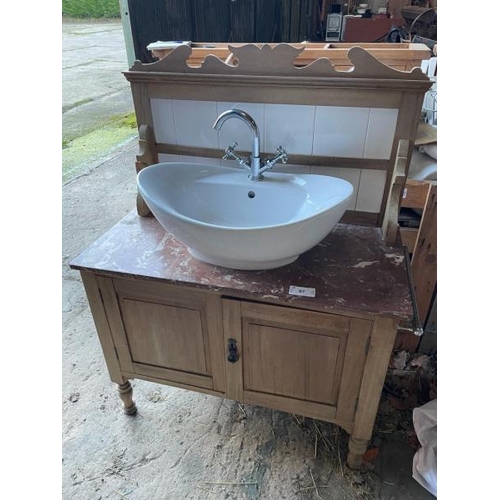 97 - BATHROOM BASIN AND CUPBOARD WITH STONE TOP, CUPBOARD MISSING KEY BUT UNLOCKED, TOTAL DIMENSIONS 120C... 