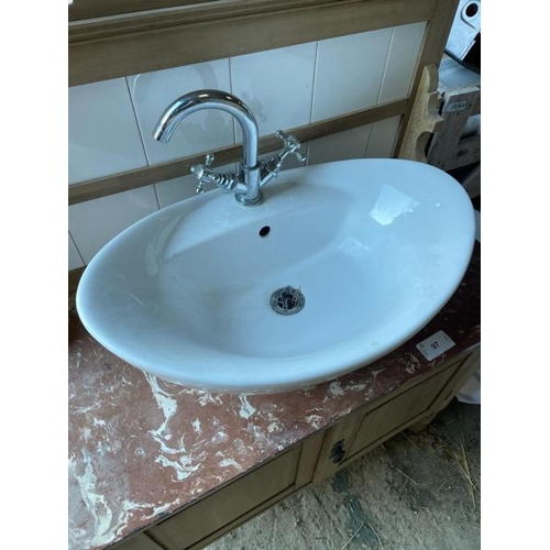 97 - BATHROOM BASIN AND CUPBOARD WITH STONE TOP, CUPBOARD MISSING KEY BUT UNLOCKED, TOTAL DIMENSIONS 120C... 