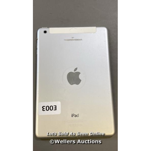 9665 - APPLE IPAD MINI MODEL A1455, 16GB, SERIAL: DLXJR7FVF19M - SMALL SCREEN DAMAGE - ICLOUD UNLOCKED AND ... 