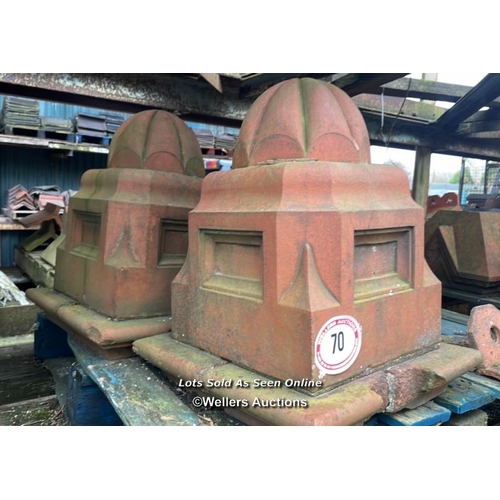 70 - A PAIR OF LARGE VICTORIAN TERRACOTTA PIER CAPS WITH DOME TOP, 58CM (H) X 47CM (W) X 47CM (W)