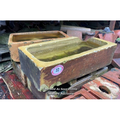 72 - FOUR ASSORTED SALT GLAZED TROUGHS, LARGEST 90CM (L) X 44CM (W) X 23CM (H)