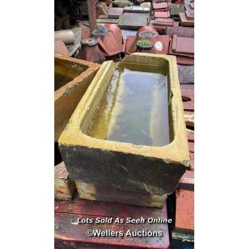 72 - FOUR ASSORTED SALT GLAZED TROUGHS, LARGEST 90CM (L) X 44CM (W) X 23CM (H)