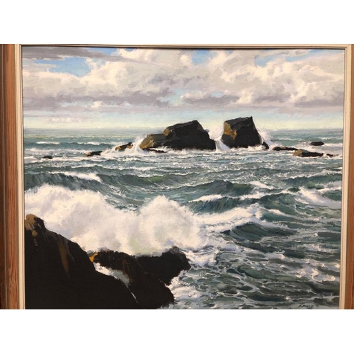 109 - Two original seascapes featuring crashing waves on rocks, oil on canvas 60 x 50cm & 59 x 49cm, signe... 