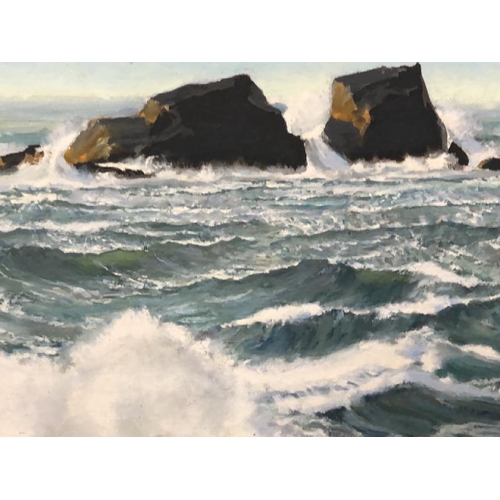 109 - Two original seascapes featuring crashing waves on rocks, oil on canvas 60 x 50cm & 59 x 49cm, signe... 