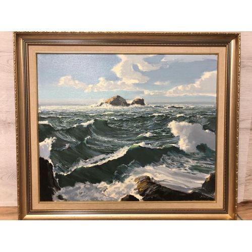 109 - Two original seascapes featuring crashing waves on rocks, oil on canvas 60 x 50cm & 59 x 49cm, signe... 