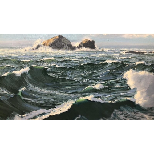 109 - Two original seascapes featuring crashing waves on rocks, oil on canvas 60 x 50cm & 59 x 49cm, signe... 