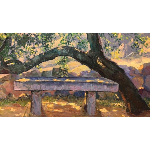 110 - Original oil on canvas of a bench under a tree signed Max Tams, 61 x 52cm / AN60