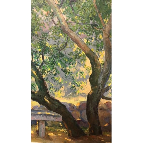 110 - Original oil on canvas of a bench under a tree signed Max Tams, 61 x 52cm / AN60