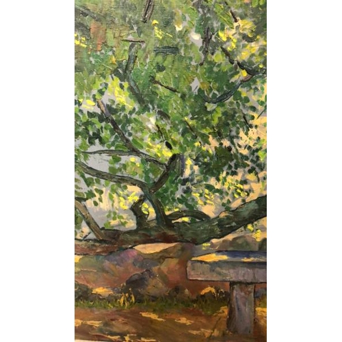 110 - Original oil on canvas of a bench under a tree signed Max Tams, 61 x 52cm / AN60