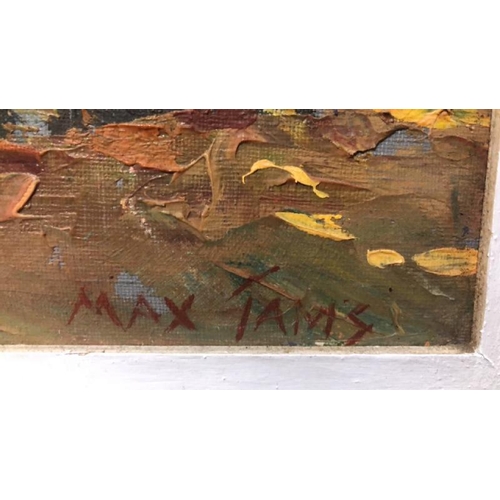 110 - Original oil on canvas of a bench under a tree signed Max Tams, 61 x 52cm / AN60