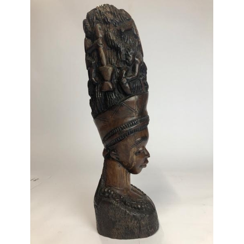 23 - African art carved wooden bust of a lady with figures in her hair, 40cm high / AN4