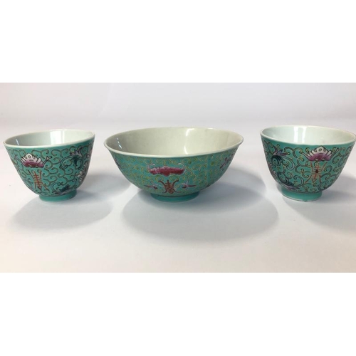 6 - Matching vintage Chinese turqouise famille rose set comprising of soup bowls, cups and spoons(8) / A... 