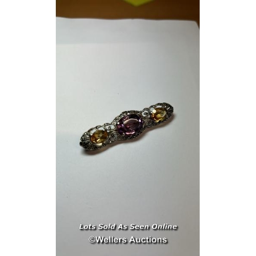 163 - Silver and marcasite bar brooch with amethyst citrines / SF