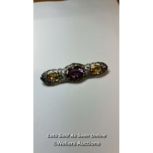 163 - Silver and marcasite bar brooch with amethyst citrines / SF