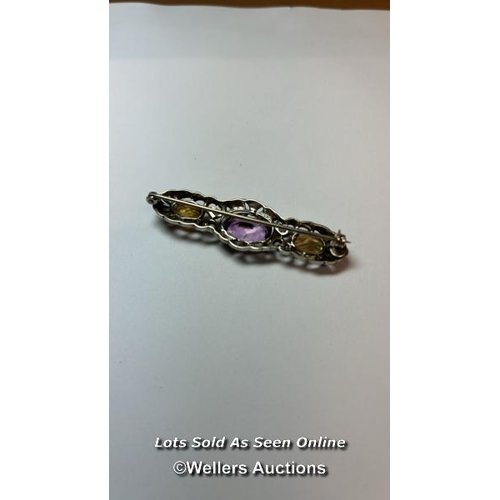 163 - Silver and marcasite bar brooch with amethyst citrines / SF