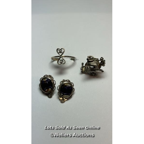 167 - A pair of Blue John flourite earings with clip fittings, a silver charm and ring / SF