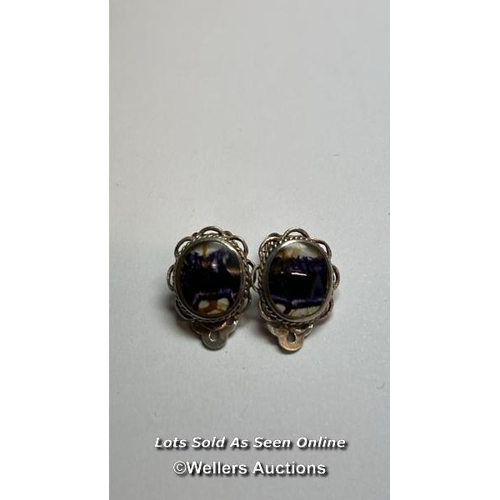 167 - A pair of Blue John flourite earings with clip fittings, a silver charm and ring / SF