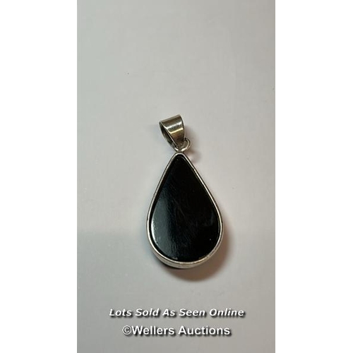 183 - Black onyx pear drop pendant in metal stamped 925 for silver. Length 5cm / SF